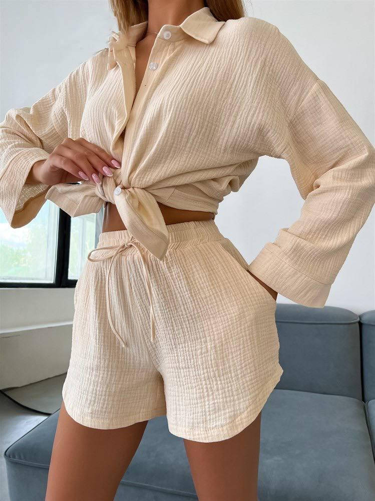 

Стильный костюм муслин рубашка с шортами, Бежевый