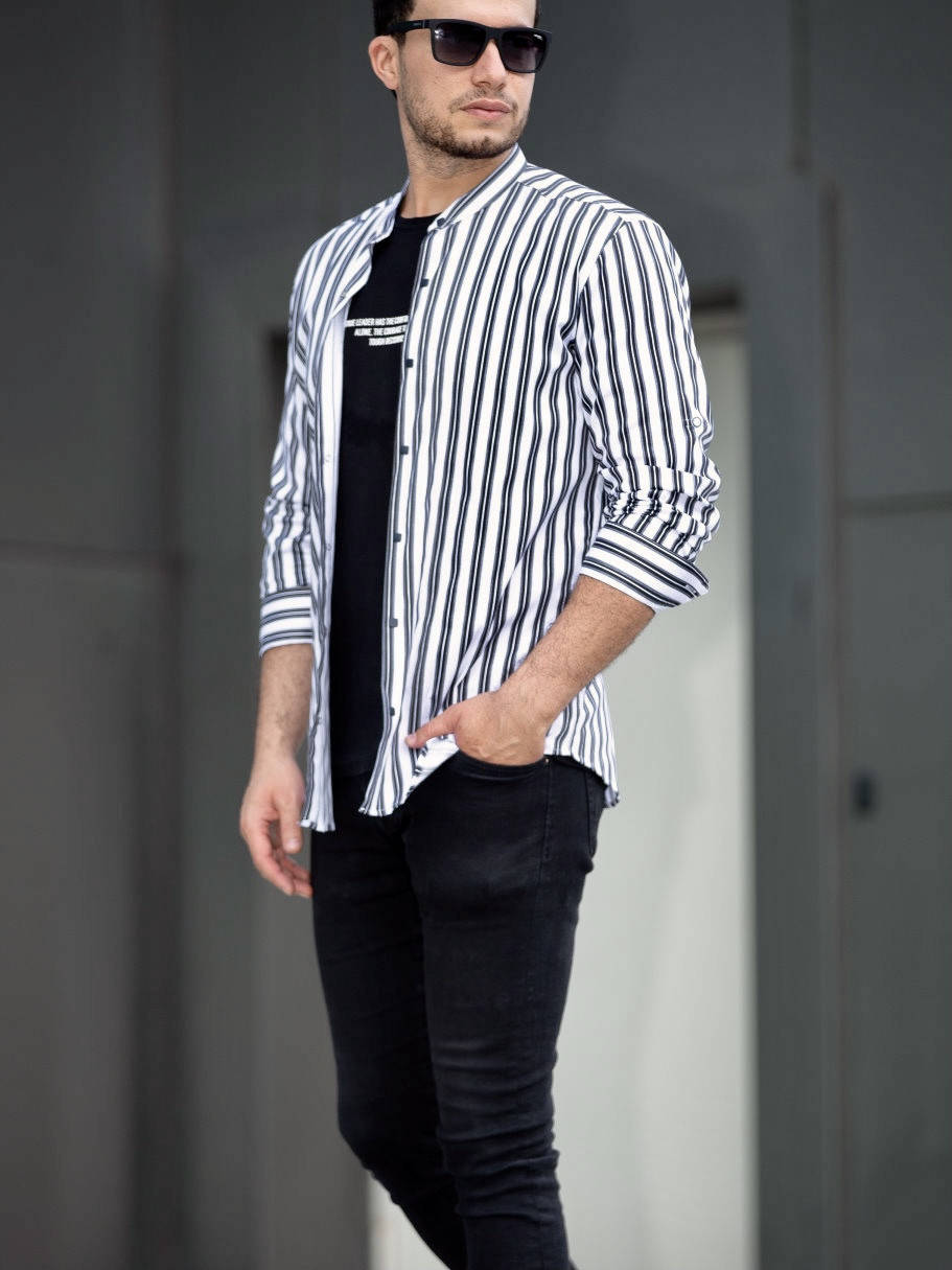 

Мужская Рубашка слим фит стойка в модную полоску S, M, L, XL, XXL