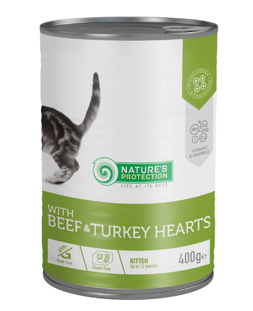 

Nature's Protection Cat Kitten Beef & Turkey hearts Корм для котят с говядиной и сердцем индюшки 400 г