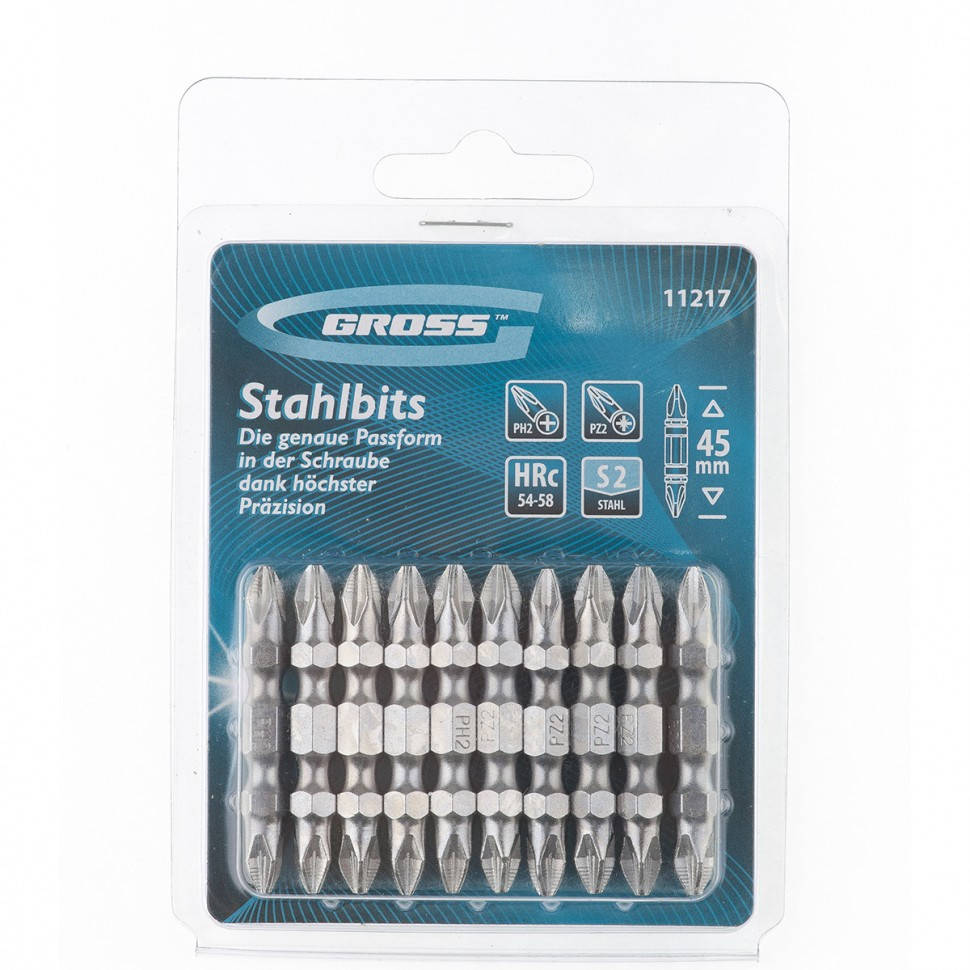 

Набор бит двухсторонний, PH2-PZ2 х 45 мм, сталь S2, 10 шт, GROSS (11217)