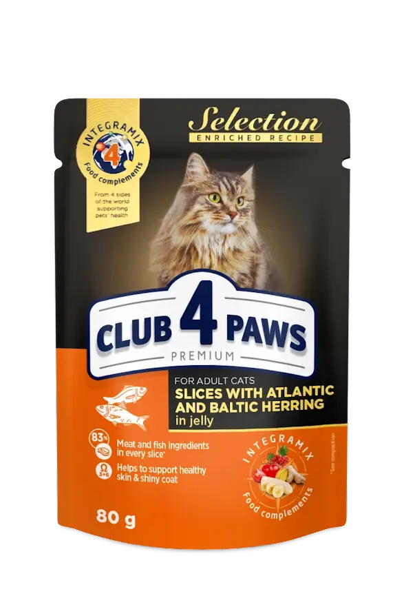 

Влажный корм Клуб 4 лапы Селекшн влажный корм для взрослых кошек с сельдью и салакой в желе, 80 г
