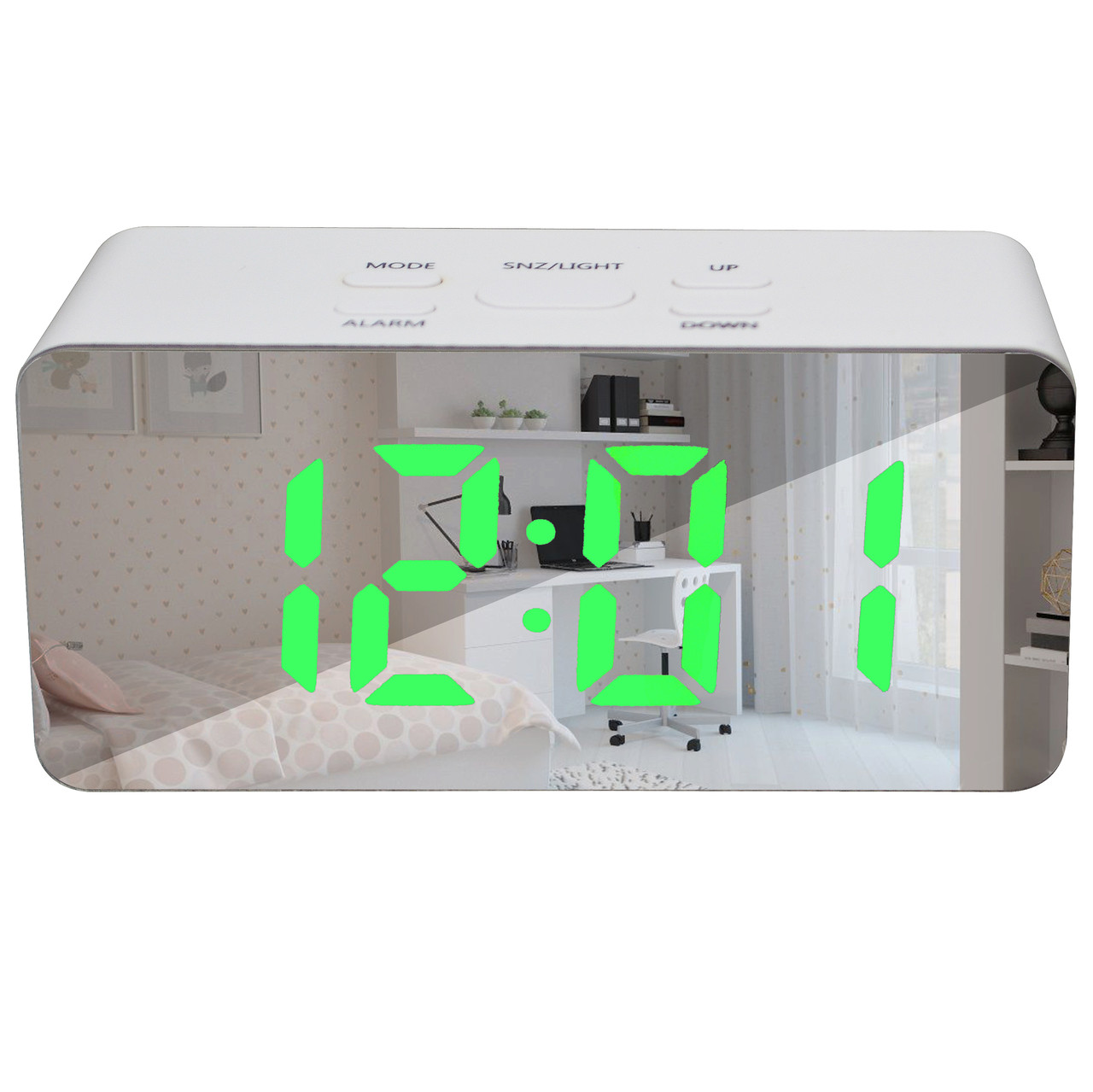 Дзеркальні LED годинник з будильником і термометром DS-3658L White (зелена підсвітка) (7569)