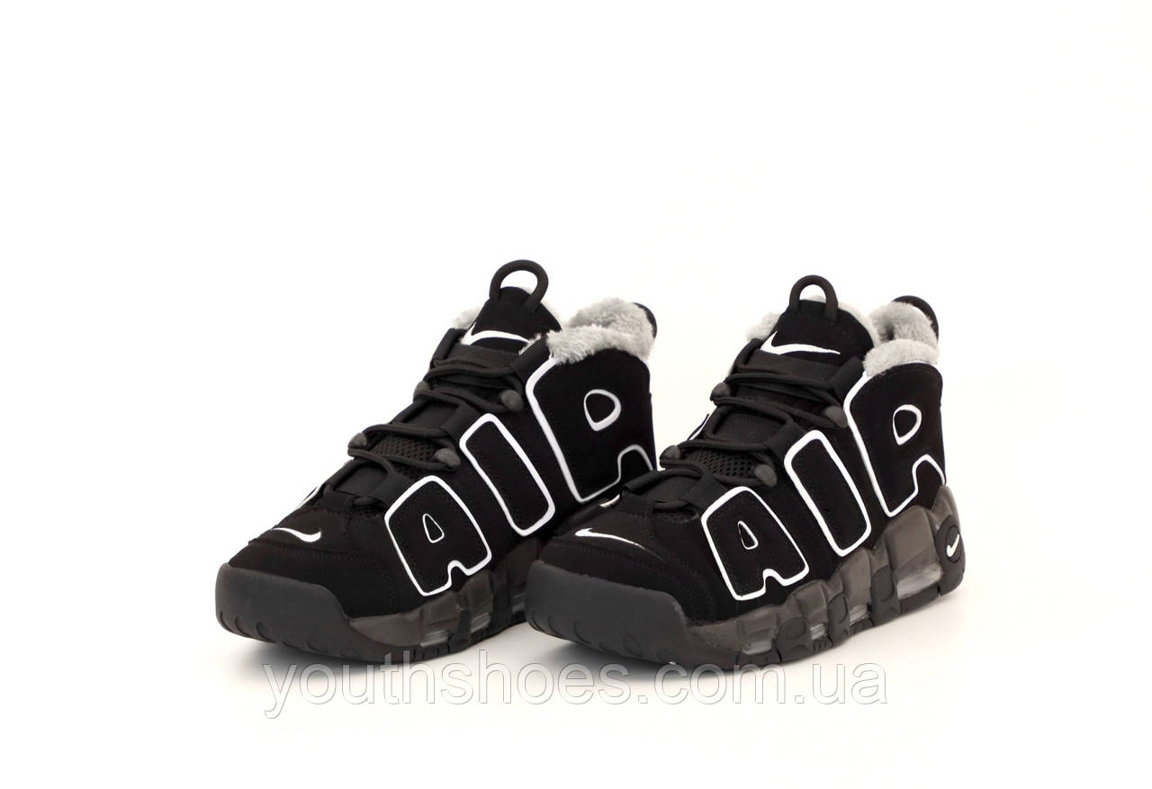Зимові замшеві чоловічі кросівки з хутром Nike Air More Uptempo "Чорні з білим" р36-45