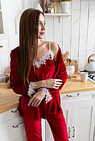 Комплект піжама трійка (майка, штани, шорти) Christel 109 оксамит з мереживом червоний L