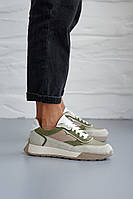 Жіночі кросівки шкіряні весняно-осінні бежеві-зелені