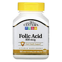 Фолієва кислота, 800 мкг, Folic Acid, 21st Century, 180 таблеток