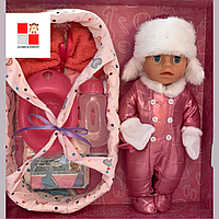Пупс функціональний із сумкою кенгуру-переноскою, аксесуарами 1854 лялька малюк, новонароджений, у зимовому одязі
