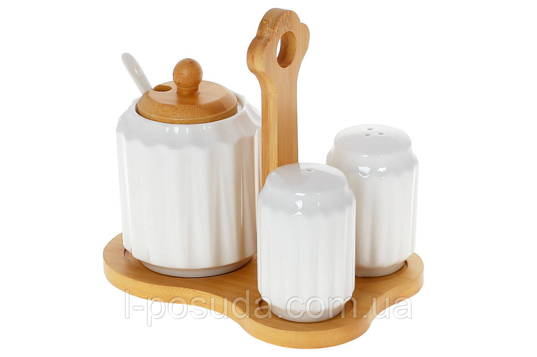 Набір для спецій на Naturel: сіль, перець, фарфоровий цукор на бамубковій підставці, фото 1