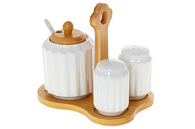 Набір для спецій на Naturel: сіль, перець, фарфоровий цукор на бамубковій підставці