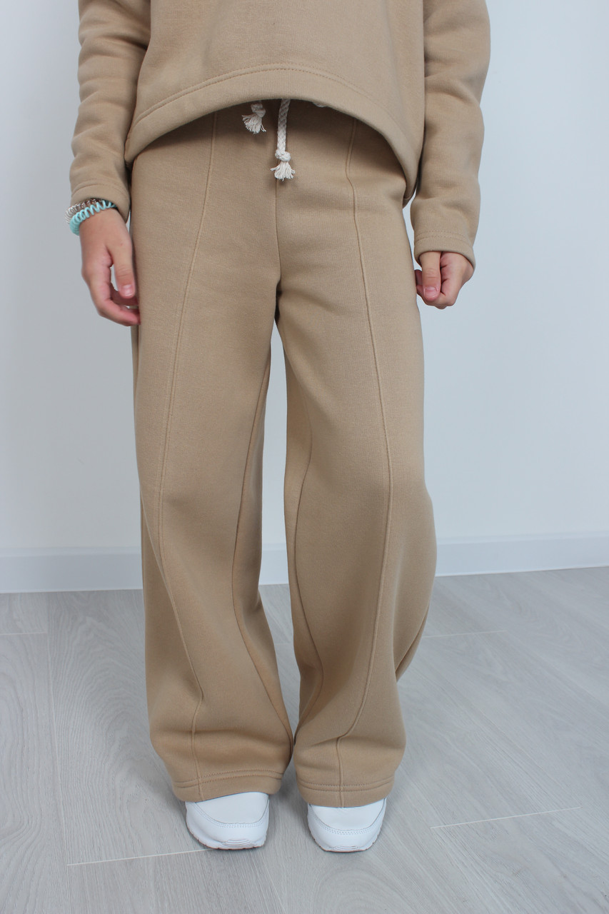 Палаццо штани утеплені для дівчинки (зріст 134-158) турецька тринитка на флісі колір бежевий