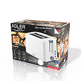Тостер на 2 відсіки Adler AD 3216 1000Вт. Функція розморожування, Кнопка "Стоп", Ґрати для булочок, Білий, фото 6