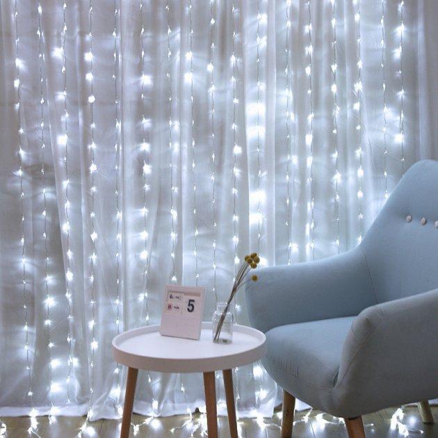 Світлодіодна гірлянда штора 300 LED 3х3 м прозорий провід від мережі 220 холодний білий