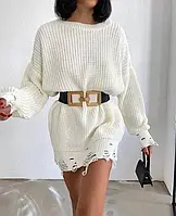 Трендовый женский свитер вязка рваный удлинённый разных цветов единый размер круглой горловиной свободный