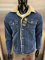 Мужская стильная утеплённая джинсовая куртка синяя размер М. Мужская джинсовка на меху