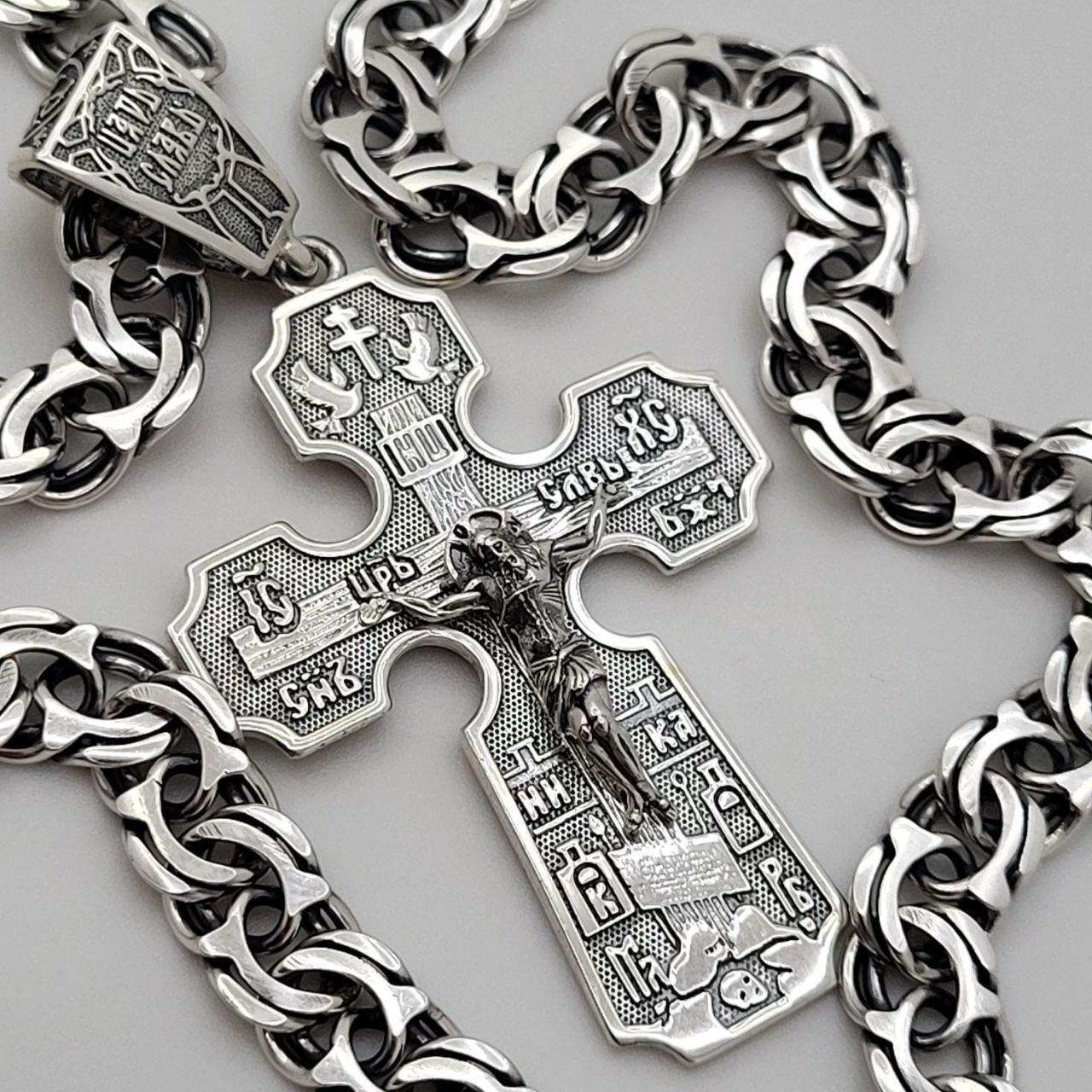 Срібний ланцюжок плетіння бісмарк та хрест із срібла 925 проби комплект чоловічий ланцюг та хрестик