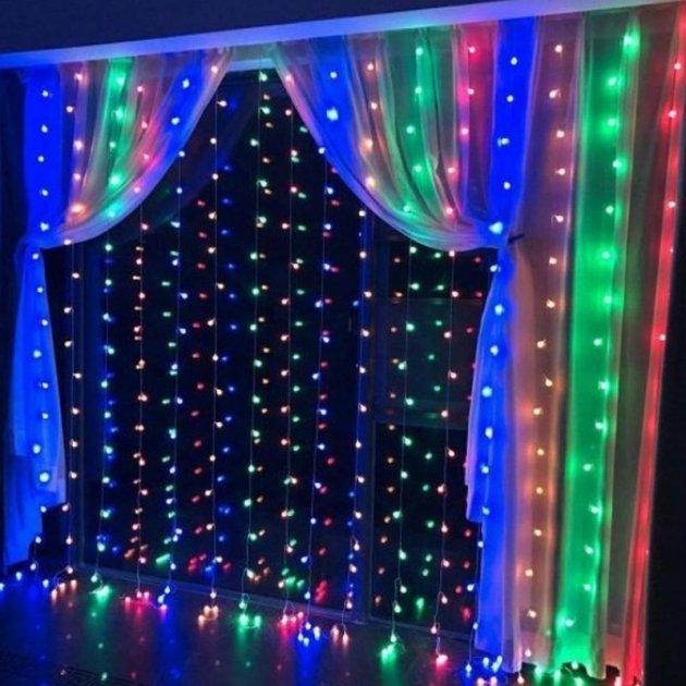 Гірлянда штора-водоспад 240 LED 2х2 м M-2*2 M прозорий шнур із перехідником різнокольоровий, фото 1