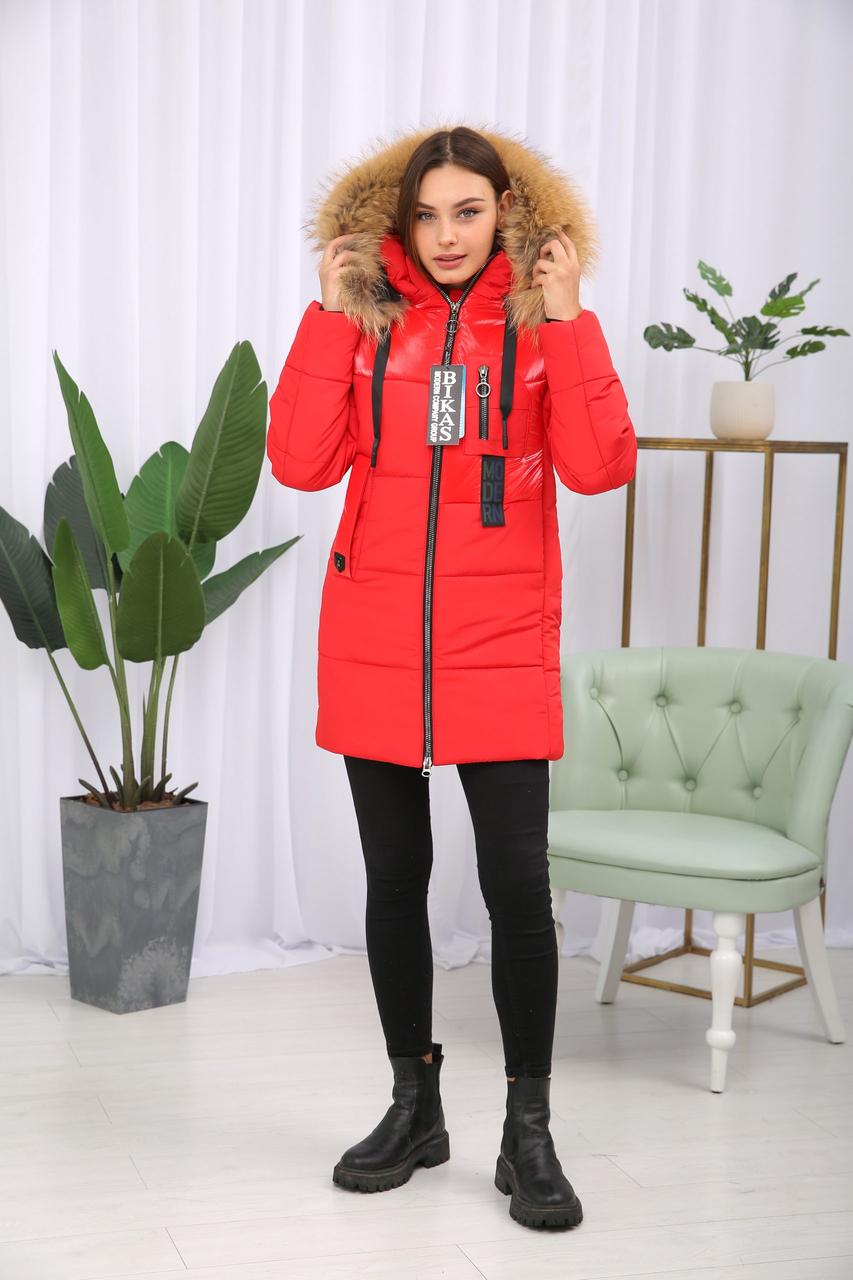 Зимова куртка, яскрава червона, натуральний енот., фото 1