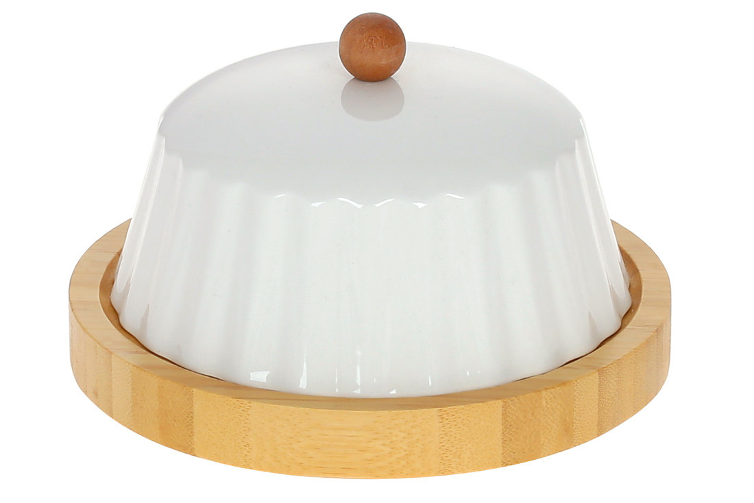 Тарілка десертна бамбукова з порцеляновою кришкою 17*17*9.5 см. (289-392)