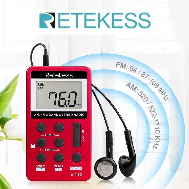 Радіоприймач Retkess V112 FM/AM/УКВ, цифровий, DSP, 64-108 МГЦ, компактний, Li-Ion, навушники, вага 45 грамів