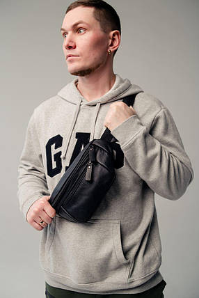 Чоловіча бананка All Black Сумка на пояс шкіряна з регульованим ремінцем крос-боді для хлопця на 2 відділення, фото 1