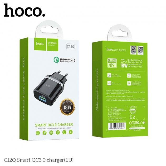 Мережевий зарядний пристрій Hoco C12Q 1 USB Smart QC 3.0 18 W Швидке заряджання, Чорний