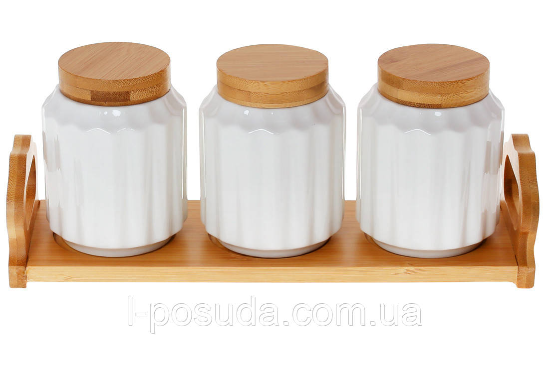 Набір банок для зберігання (3шт * 350 мл) з бамбуковою підставкою серія Naturel, фото 1