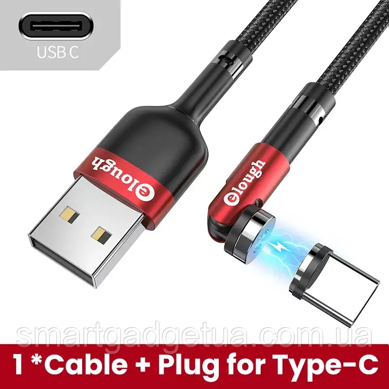 Посилений, Магнітний кабель Elough USB-Type-C для заряджання 360°+180° Red Червоний 1метр, 2.4A