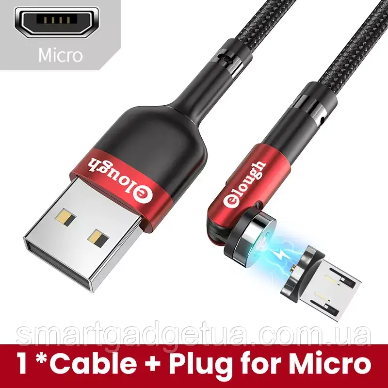 Посилений, Магнітний кабель Elough micro USB для заряджання 360°+180° Red Червоний 1метр, 2.4A