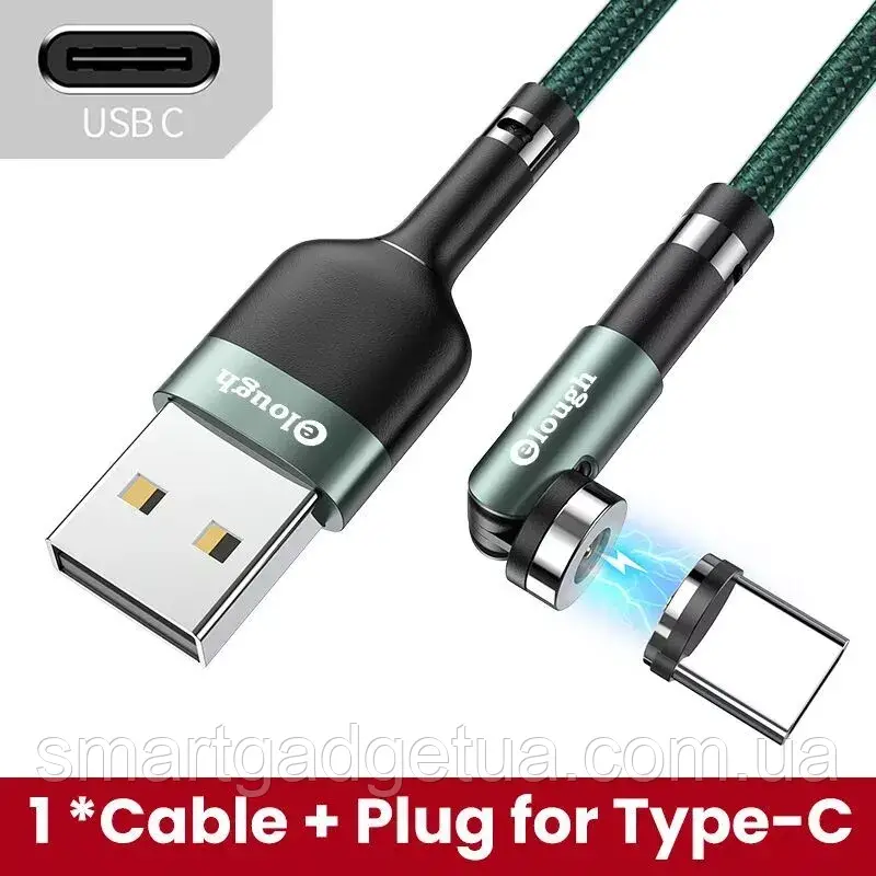 Посилений Магнітний кабель Elough USB — Type-C для заряджання 360° + 180° Green Зелений 1метр, 2.4A