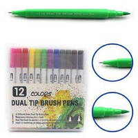 Набор цветных лайнеров 1-2 мм + кисточка Dual tip brush pens, 12 цветов, DSCN-9776
