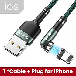 Посилений, Магнітний кабель Elough Lightning(iPhone) для заряджання 360°+180° Green Зелений 1метр, 2.4A