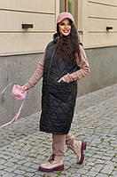 Черная длинная женская теплая жилетка с капюшоном батал с 50-60 размер