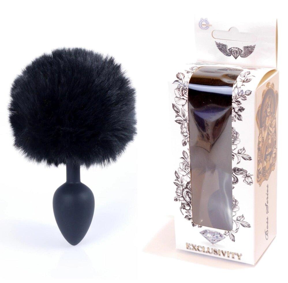 Чорний силіконовий анальний штекер з хвостом серії Boss - кремнієва пробка зайчика, фото 1