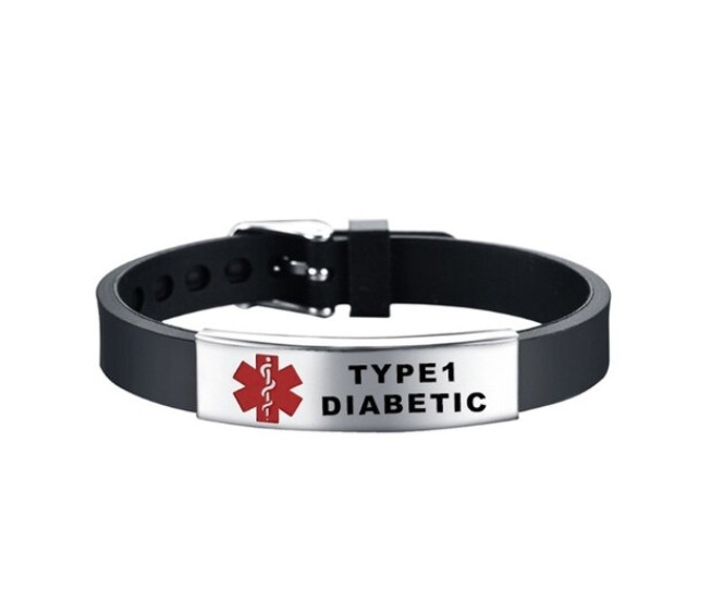 Силіконовий браслет на застібці TYPE 1 DIABETIC сіра пластина чорний з червоним