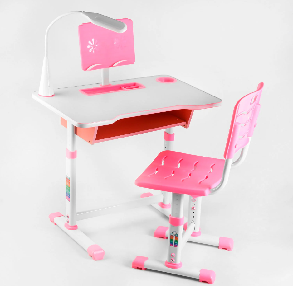 Дитяча регульована парта зі стільцем підставка для книги лампа USB колір рожевий