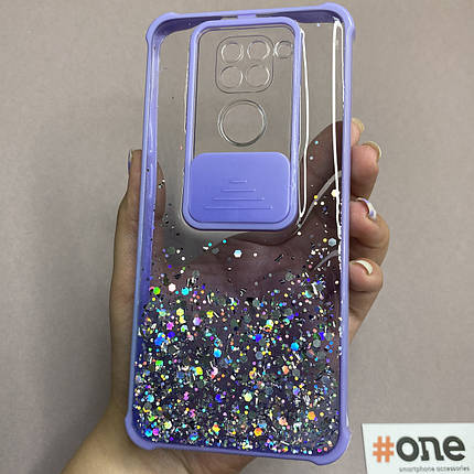 Чохол для Xiaomi Redmi Note 9 із шторкою для камери з блискітками чохол на телефон сяомі нот 9 бузковий C4P, фото 1