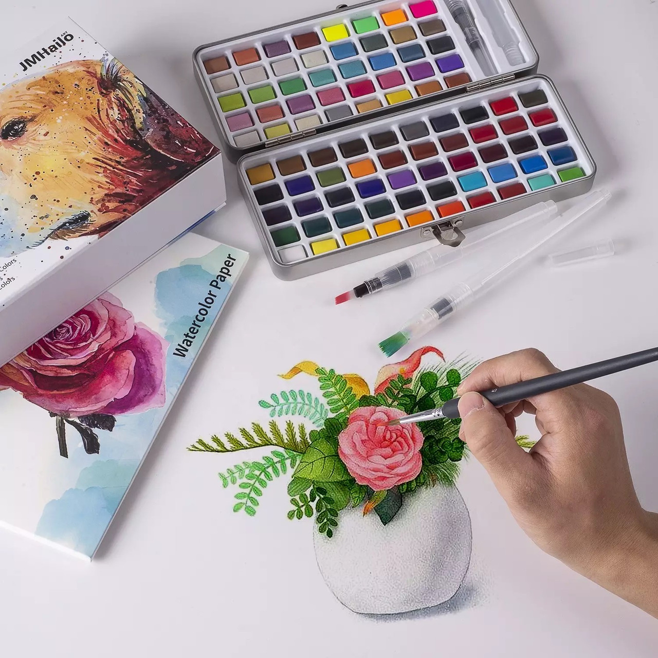 Акварельні фарби для малювання Professional Paint Set 90 кольорів у наборі акварельний папір, пензлики та пенал