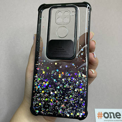 Чохол для Xiaomi Redmi Note 9 із шторкою для камери із блискітками чохол на телефон сяомі нот 9 чорний C4P, фото 1