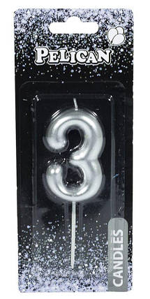 Свічка для торта Pelican "3" СЕРЕБРО 6 см 866023 KNZ, фото 1