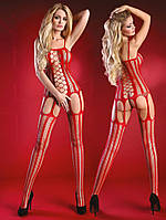 Червоний сексуальний комбінезон з панчохами та оголеною попкою для сексуальних ігор