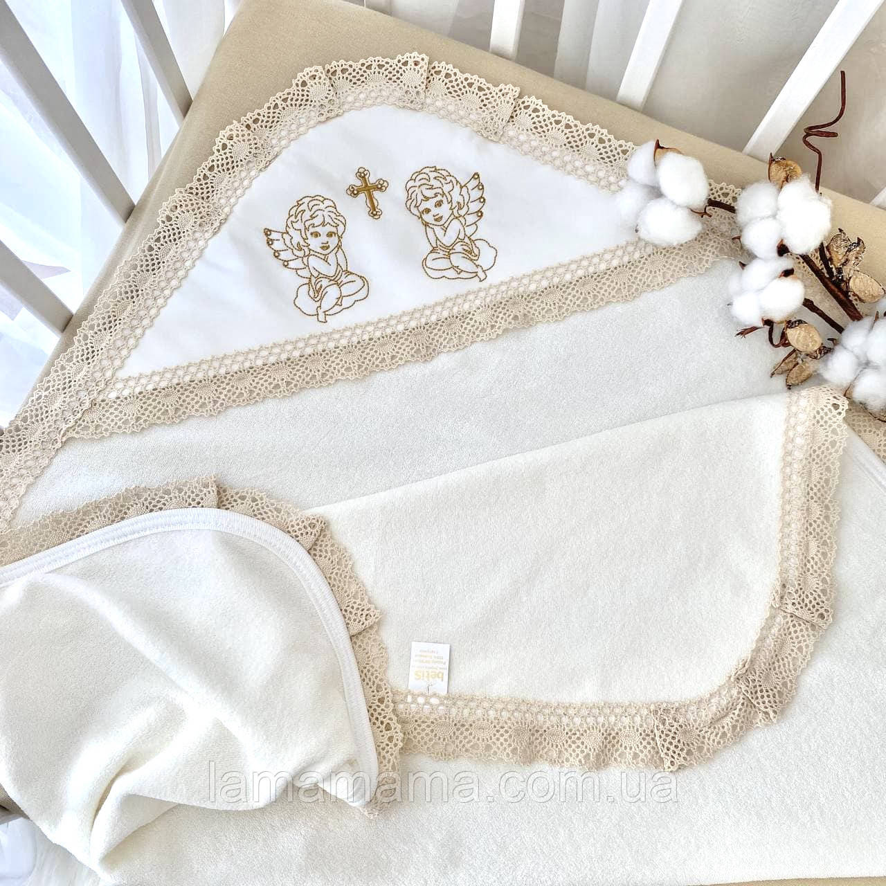 Махрова крижма для хрещення "Ніжність янголів" 80х90 см Махра Молочний/Золото Betis, фото 1