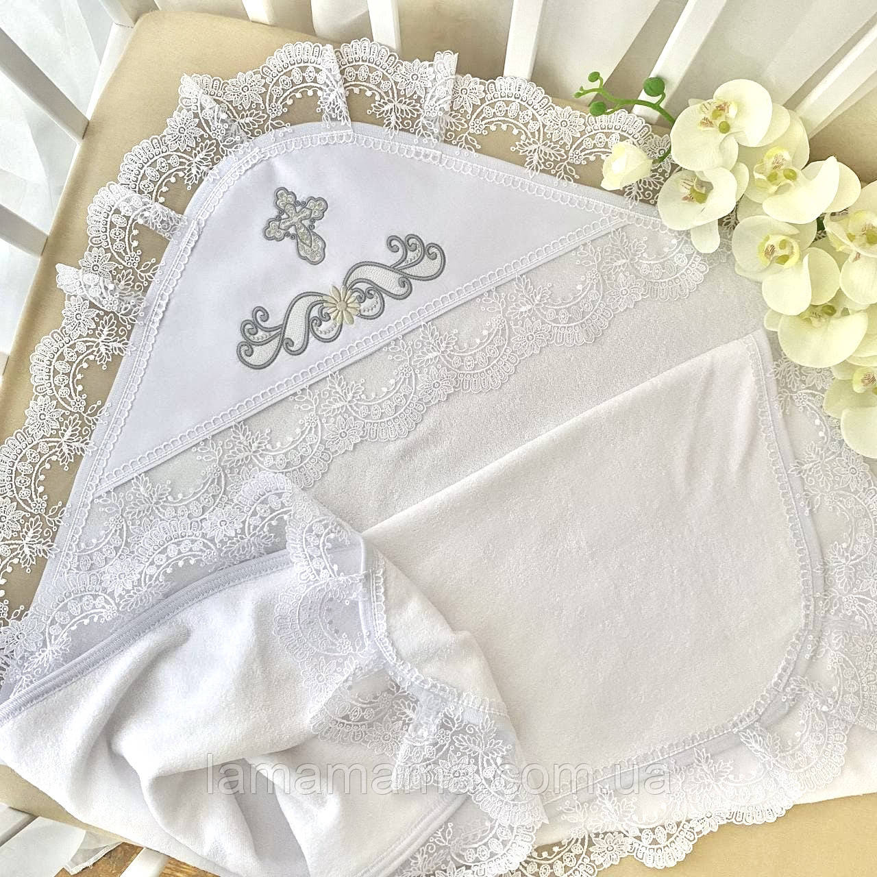 Махрова крижма для хрещення "Світлинка" 80х90 см Махра Білий/Срібло Betis, фото 1
