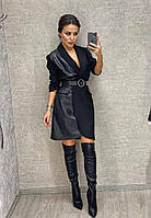 Модное женское платье-пиджак из экокожи и креп-костюмки чёрного цвета, 42-44, 46-48, 50-52 50/52