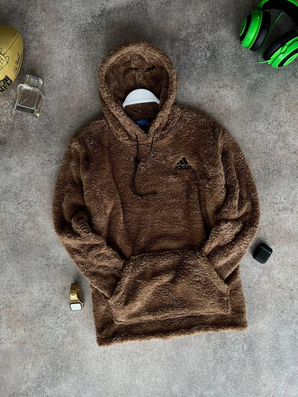 Худі чоловіче Adidas плюшеве коричневе тепле м'яка кофта плюш із капюшоном молодіжна, фото 1