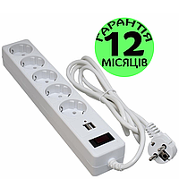 Сетевой фильтр-удлинитель электрический Patron белый, 1.8 м, 2 USB-порта + 5 розеток с защитой и заземлением
