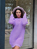 Женское вязаное платье Милана сиреневое вязка крупная резинка длина до колена размер единый 42 44 46 тёплое