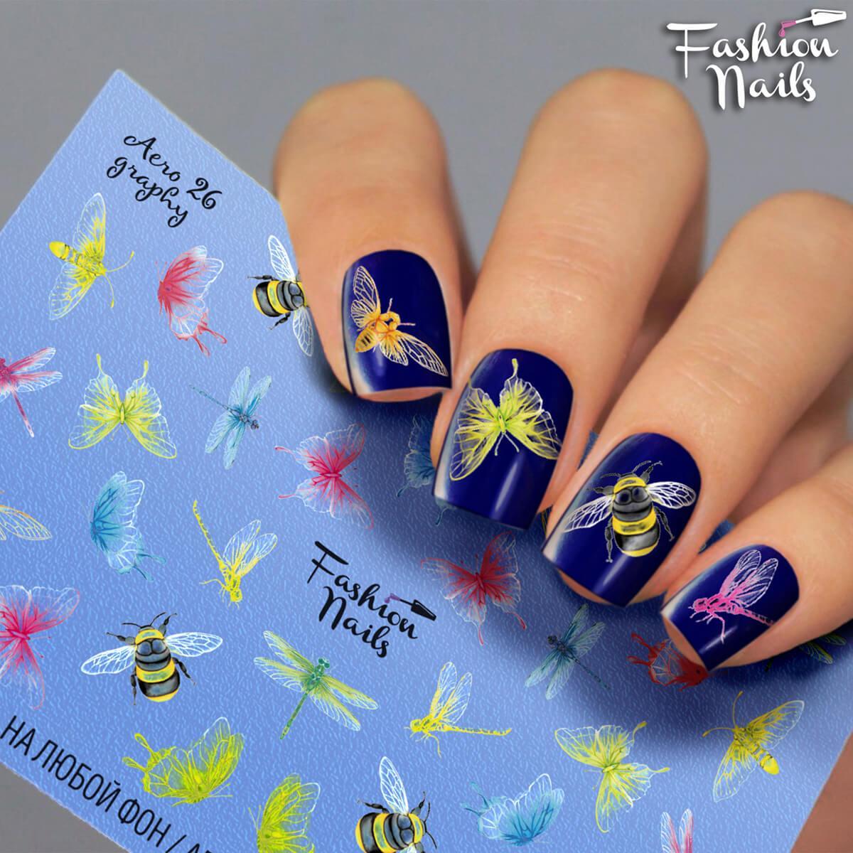 Слайдери водні наклейки Метелики Бджілки на нігті Fashion Nails Aero 26