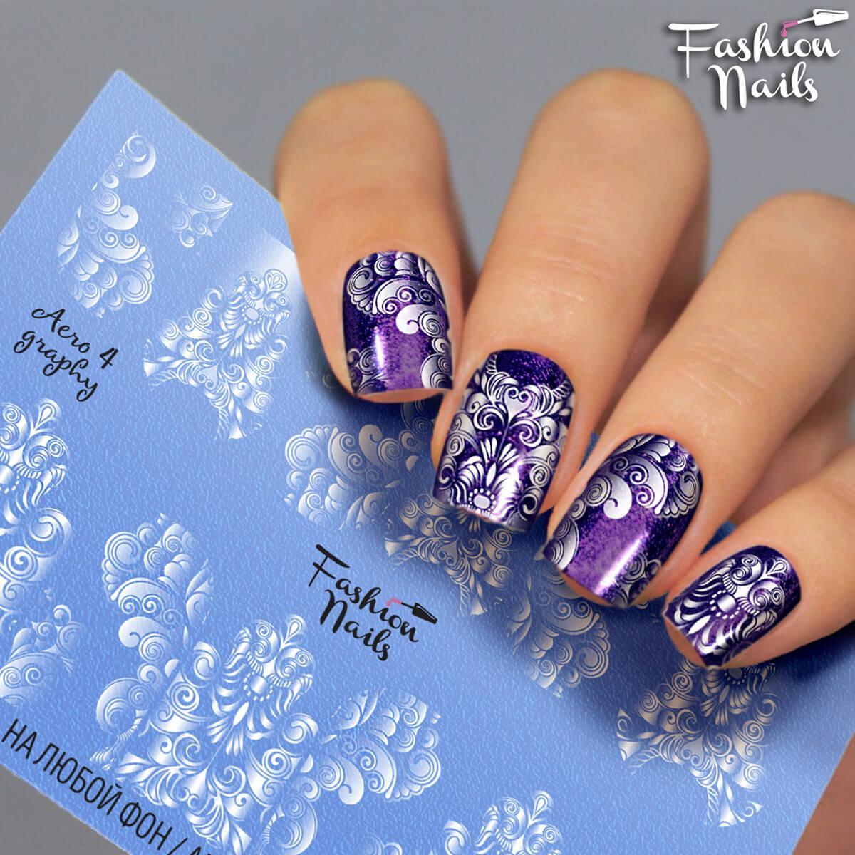 Слайдери водні наклейки для нігтів Білі Мережива Узори Fashion Nails Aero 4