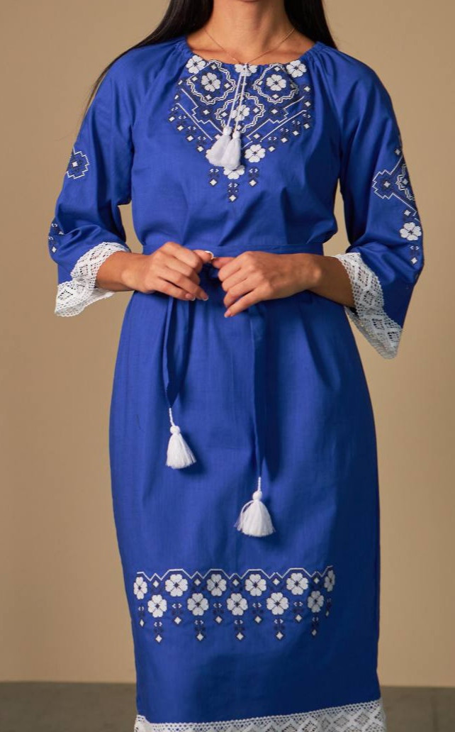 Жіноче плаття з вишивкою, льняне плаття (синє), 42-52 р-ри