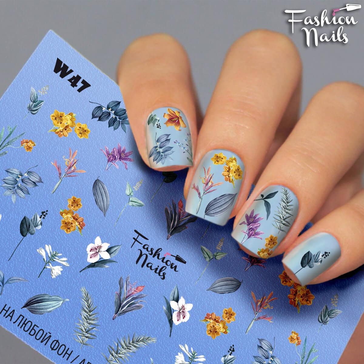 Слайдери водні наклейки КВІТИ для дизайну нігтів Fashion Nails W47